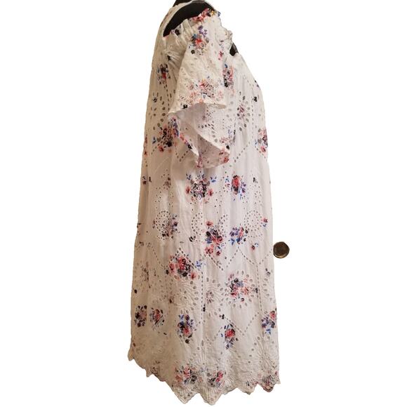LOFT BOHO Peasant White Floral Eyelet Embroidered Cold Shoulder Mini Dress Sz S - Picture 5 of 8